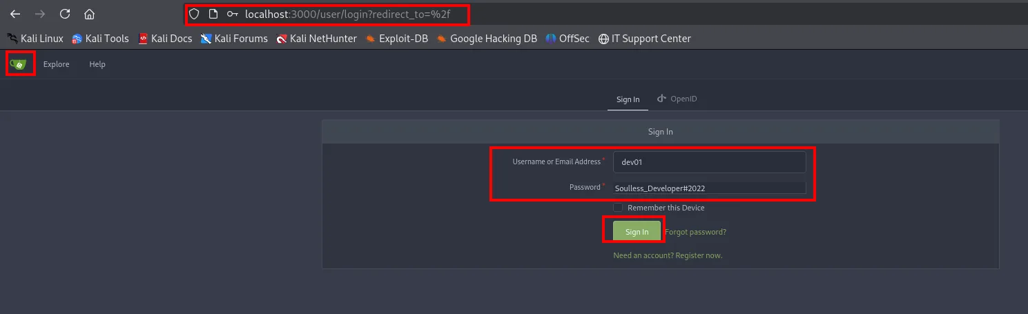 Login de Gitea en localhost:3000 (a través del túnel) con dev01 y Soulless_Developer#2022