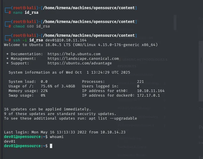 ssh -i id_rsa dev01@10.10.11.164 entra en un Ubuntu 18.04.5; el banner muestra eth0 10.10.11.164 y docker0 172.17.0.1, y whoami devuelve dev01