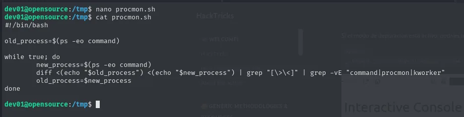 procmon.sh escrito con nano y verificado con cat: el bucle compara la salida de ps -eo command consigo misma y filtra el ruido
