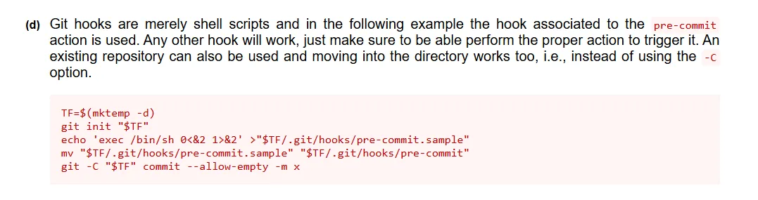 Documentación del abuso de git hooks: son simples scripts de shell y el ejemplo emplea el hook pre-commit