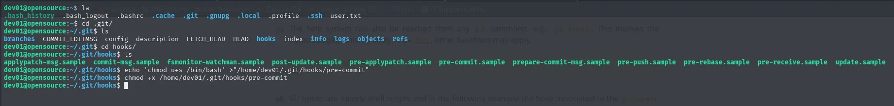 El directorio .git/hooks de dev01 solo contiene ficheros .sample; se escribe el pre-commit con chmod u+s /bin/bash y se le da permiso de ejecución