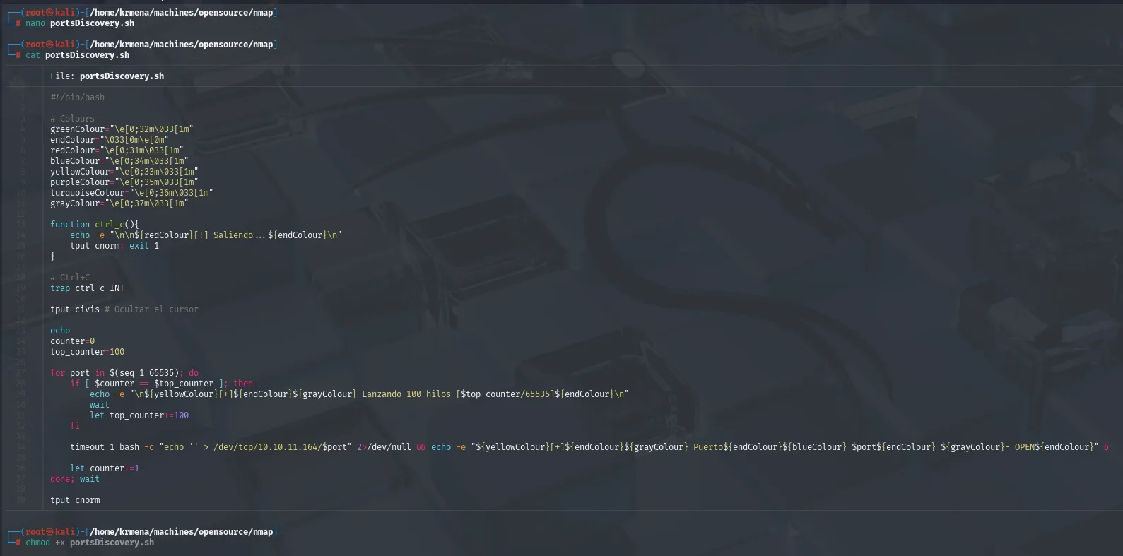 el portsDiscovery.sh escrito a mano: colores, trap de Ctrl+C y el bucle de 1 a 65535 lanzando 100 hilos con timeout y /dev/tcp