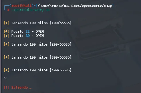 el script propio confirma los puertos 22 y 80 abiertos dentro de los primeros 100, y se corta con Ctrl+C