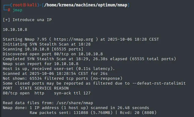 nmap -p-: solo el 80/tcp abierto, syn-ack ttl 127