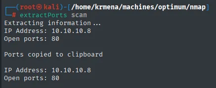 extractPorts resume el escaneo de Optimum: IP 10.10.10.8 y puerto abierto 80, copiados al portapapeles