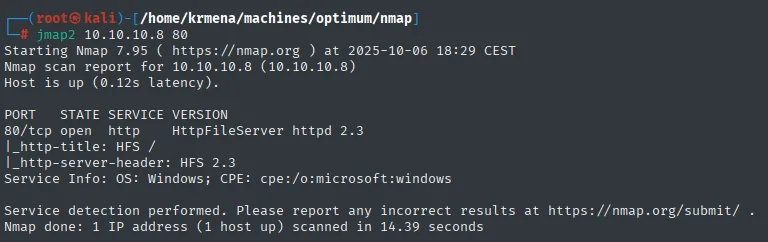 nmap -sCV: HttpFileServer httpd 2.3, OS Windows