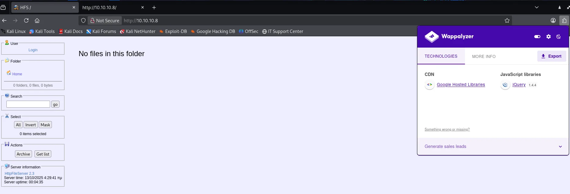 Wappalyzer sobre la web de HFS
