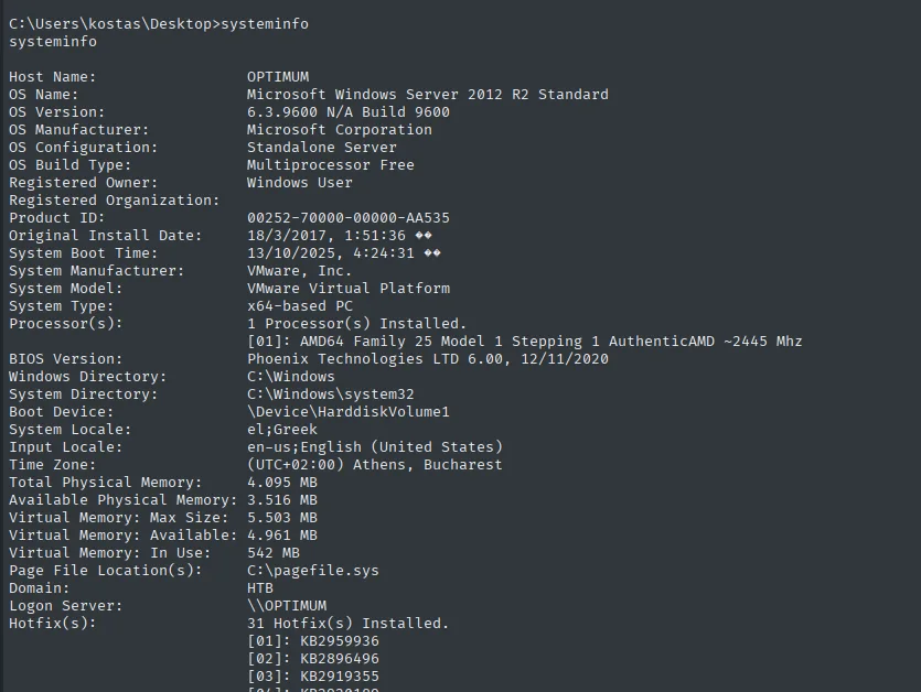 systeminfo: Windows Server 2012 R2 Standard, 6.3.9600 Build 9600, x64