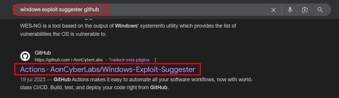 Búsqueda windows exploit suggester github: repo AonCyberLabs/Windows-Exploit-Suggester