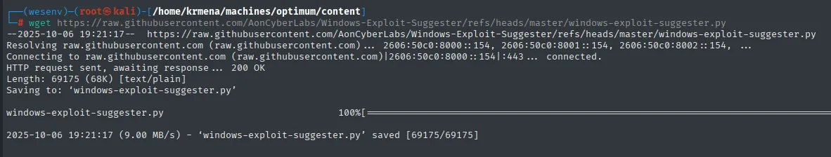 wget descarga windows-exploit-suggester.py (68K) del repositorio