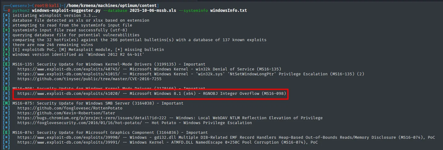 windows-exploit-suggester identifica Windows 2012 R2 64-bit y sugiere MS16-098 (41020)