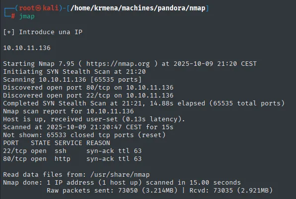 nmap -p-: 22/tcp ssh y 80/tcp http abiertos