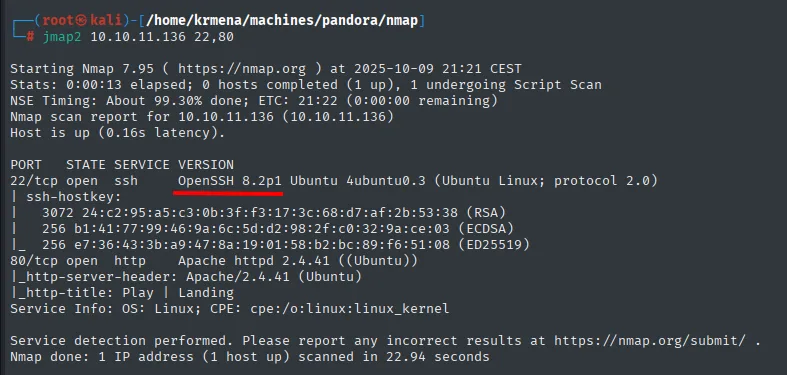 nmap -sCV: OpenSSH 8.2p1 y Apache 2.4.41, http-title Play | Landing