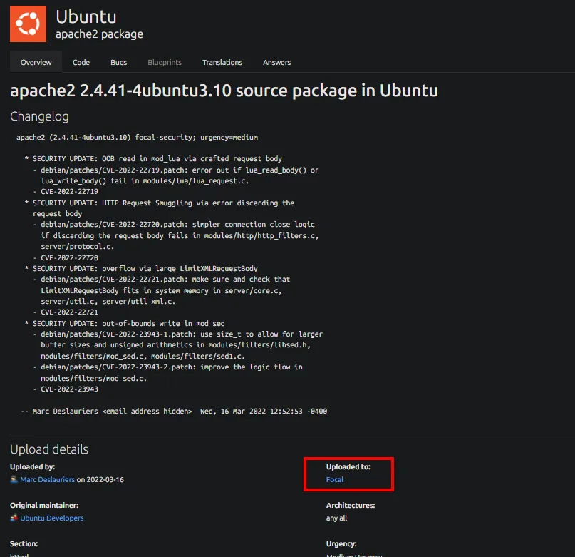 Launchpad muestra el paquete apache2 2.4.41-4ubuntu3.10 subido a Focal