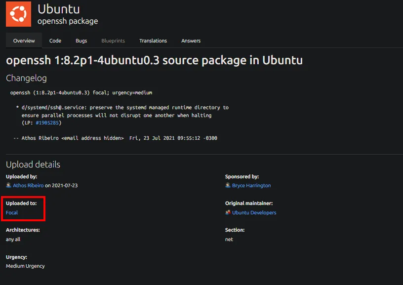 Launchpad muestra el paquete openssh 1:8.2p1-4ubuntu0.3 con Uploaded to Focal resaltado