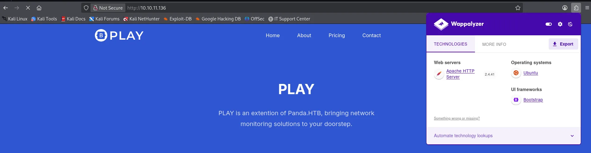 la portada azul PLAY con Wappalyzer detectando Apache 2.4.41, Ubuntu y Bootstrap