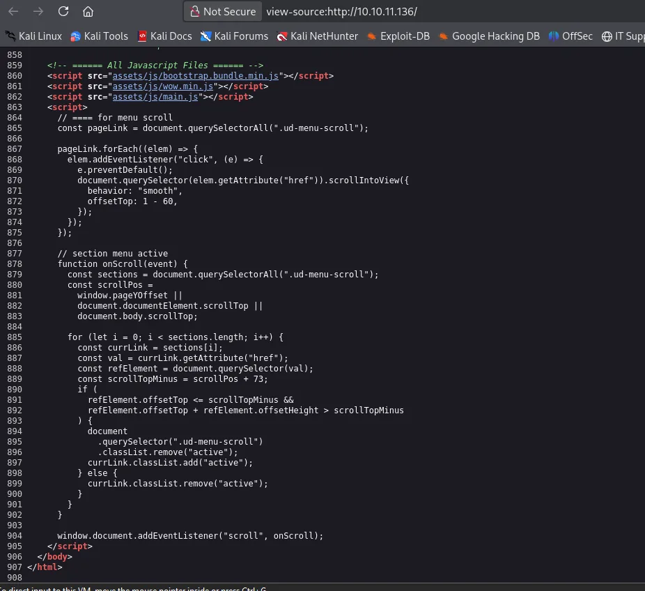 view-source de la landing: solo JS de scroll de menú, sin nada interesante