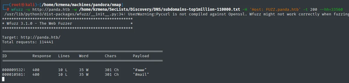 wfuzz de subdominios: solo #www y #mail, ambos con respuesta 400 (inválidos)