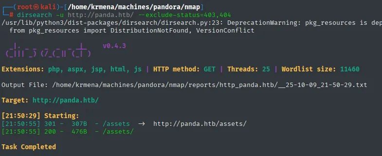 dirsearch sobre panda.htb sin resultados de interés