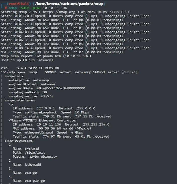 nmap -sUCV -p161: SNMPv1/SNMPv3 server (public), snmp-info e interfaces, y una lista snmp-processes con systemd, kthreadd...
