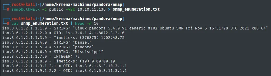 snmpbulkwalk: el sistema es Linux pandora, aparecen Daniel y Mississippi