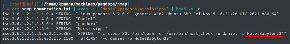grep en el volcado SNMP: línea host_check -u daniel -p HotelBabylon23