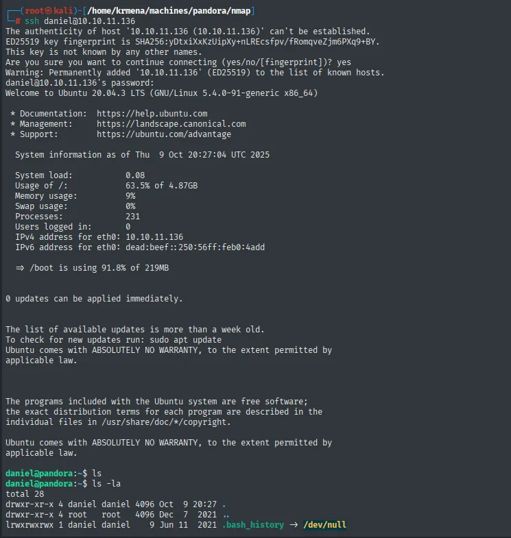 ssh daniel: acceso concedido, Ubuntu 20.04.3 LTS