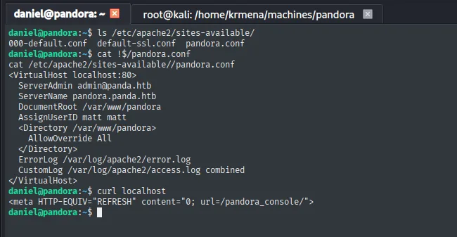 pandora.conf: VirtualHost localhost:80, AssignUserID matt, curl localhost redirige a /pandora_console/