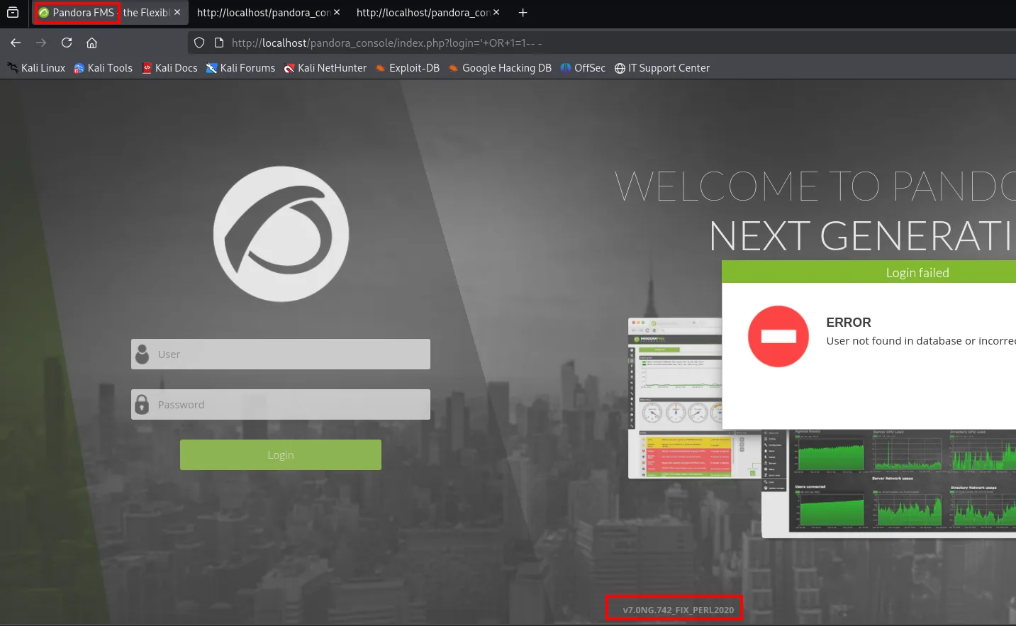 Pandora FMS v7.0NG.742, pantalla de login