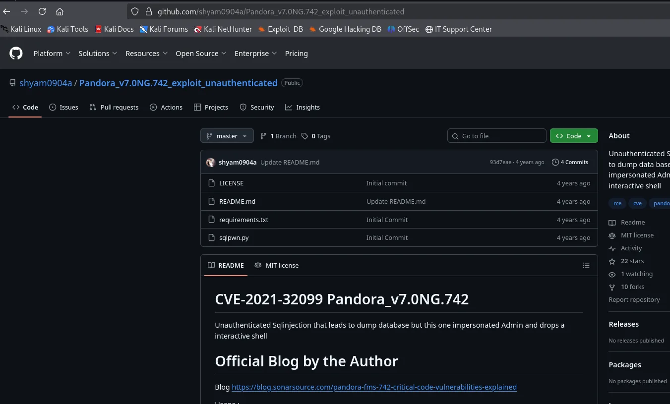 repositorio del exploit: README con CVE-2021-32099 Pandora_v7.0NG.742 y los ficheros sqlpwn.py, requirements.txt