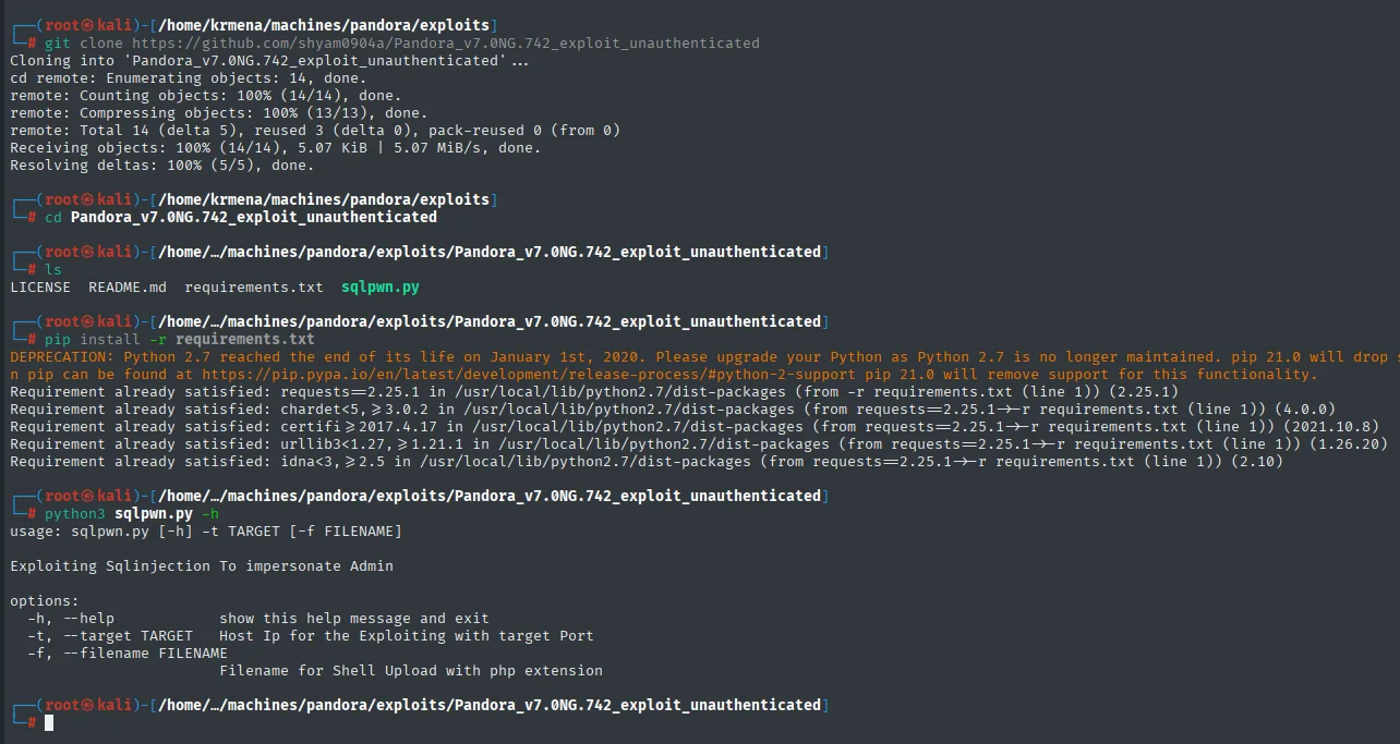 git clone del exploit de Pandora FMS y su ayuda