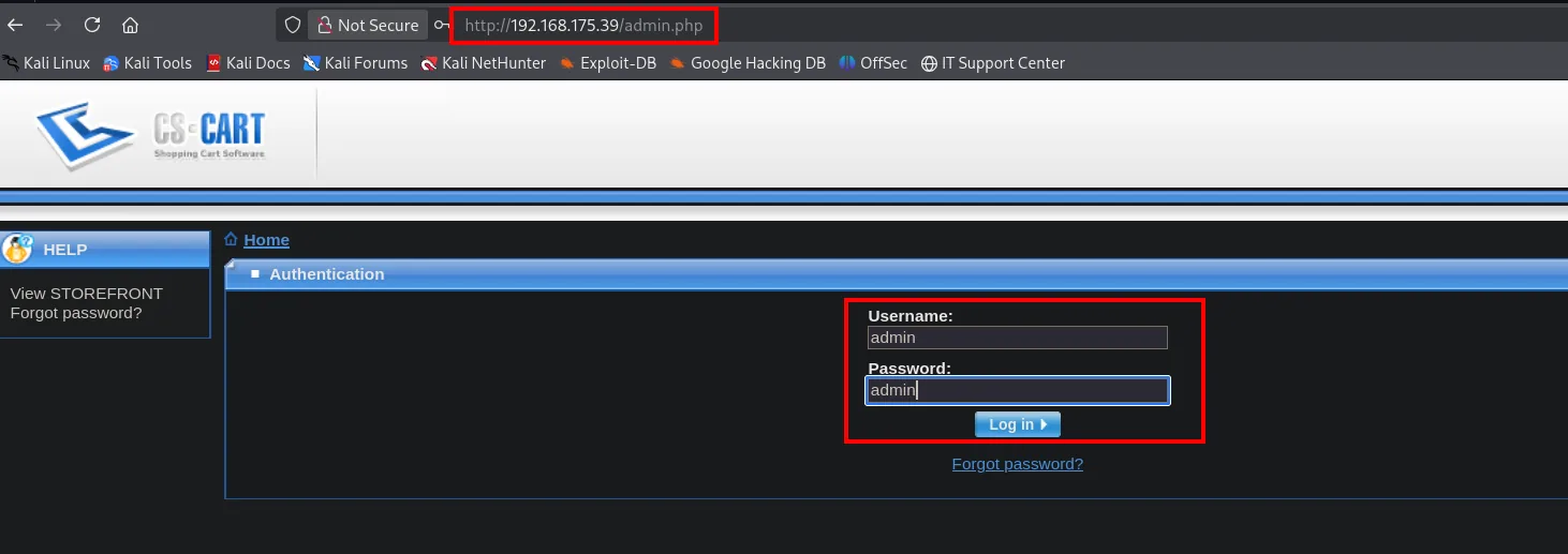 panel /admin.php de CS-Cart con login admin:admin