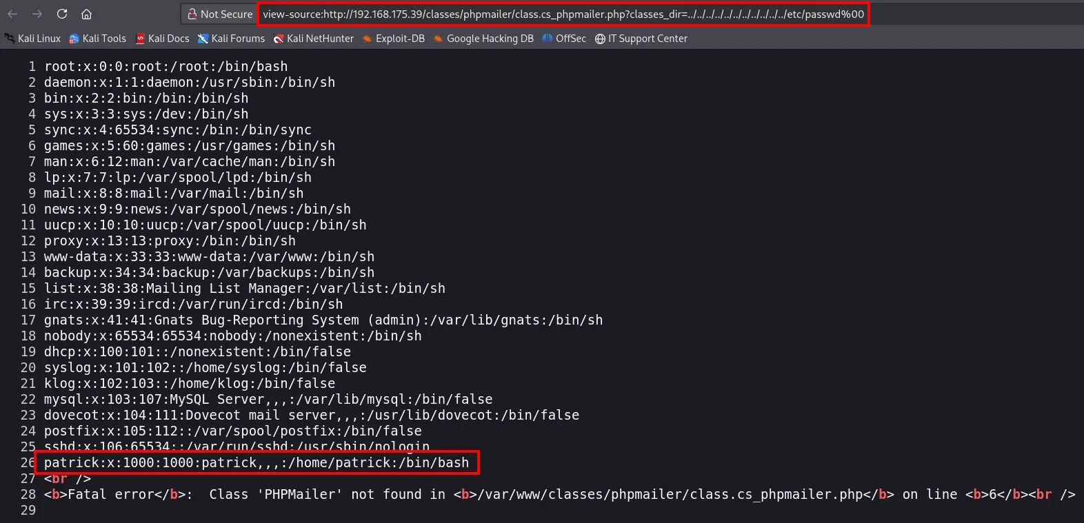 LFI leyendo /etc/passwd; aparece el usuario patrick con UID 1000