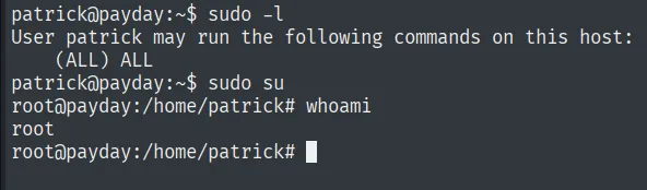 sudo -l mostrando (ALL) ALL y sudo su devolviendo root
