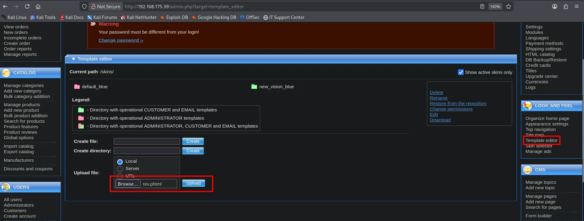 editor de plantillas de CS-Cart subiendo rev.phtml con Browse y Upload