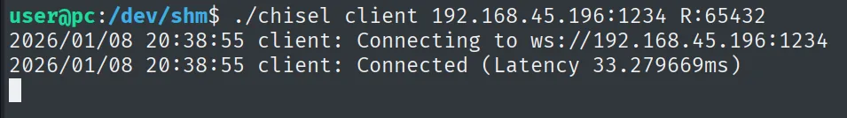 chisel client conectando al servidor reverse y exponiendo el puerto 65432 de la victima