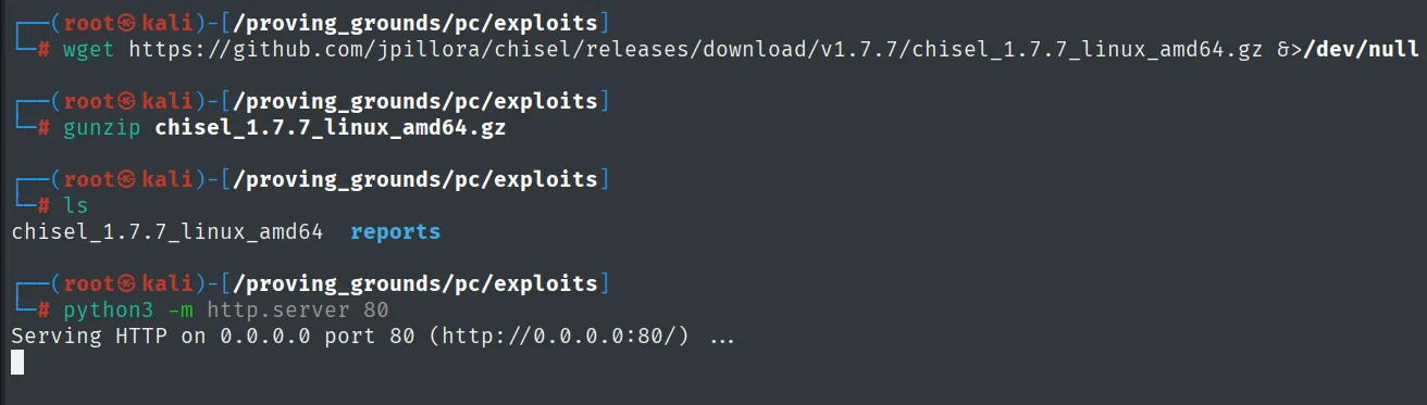 Descarga del release chisel_1.7.7_linux_amd64.gz, gunzip y python3 -m http.server 80 sirviendo el binario