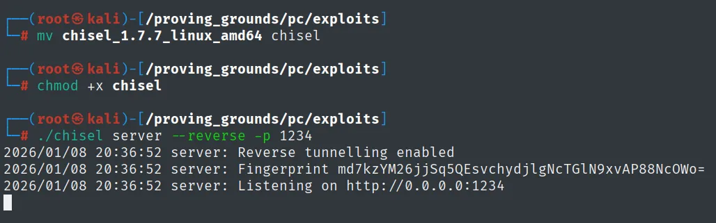 chisel server --reverse -p 1234: Reverse tunnelling enabled y Listening on http://0.0.0.0:1234