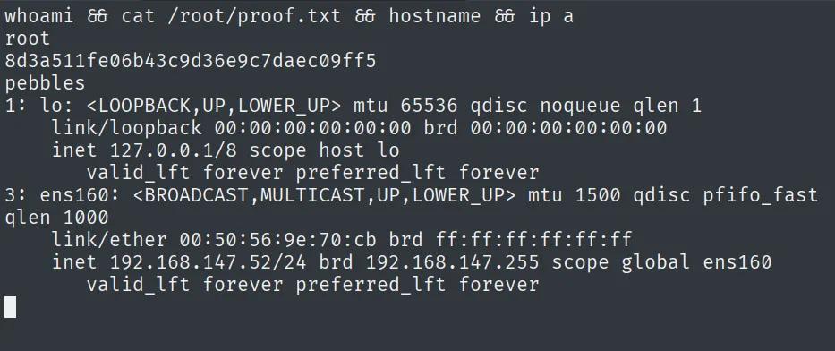 whoami root, proof.txt y hostname pebbles desde la shell de root