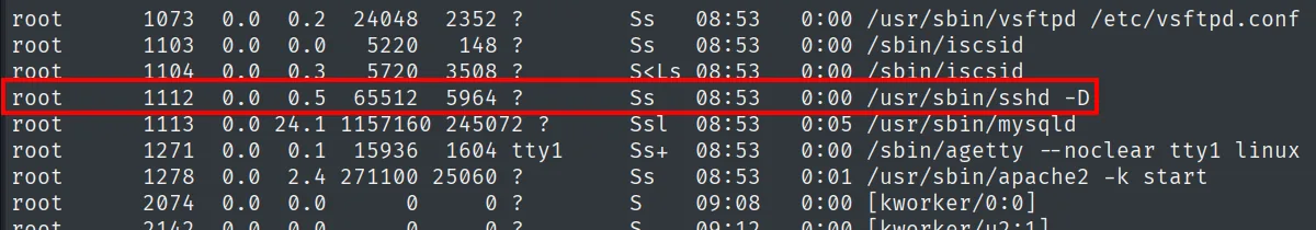 Salida de ps aux mostrando /usr/sbin/mysqld ejecutándose como root